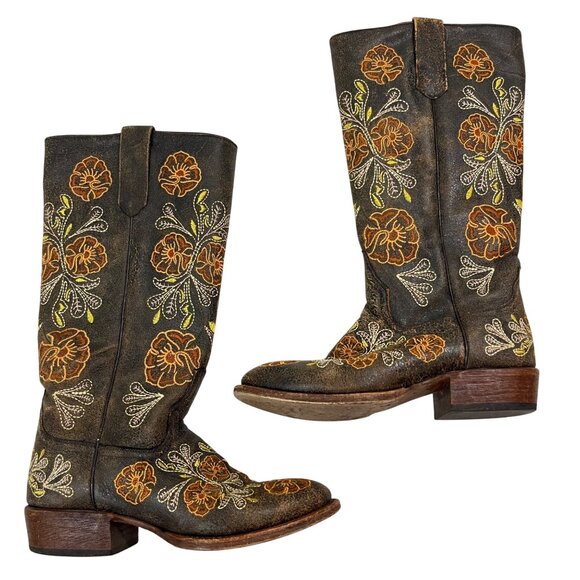 Macie Bean Boots women's 8 brown leather white yellow orange floral embroidered - Picture 1 of 13